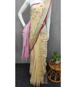 Handcrafted linen saree with small flower embroidery work