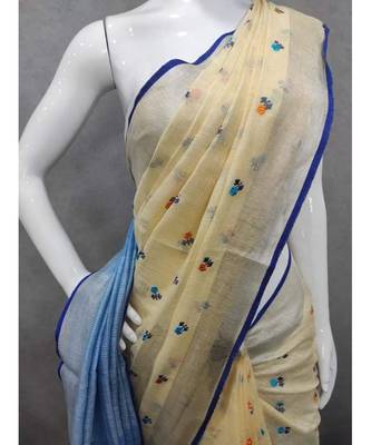Handcrafted linen saree with small flower embroidery work 1