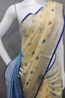 Handcrafted linen saree with small flower embroidery work