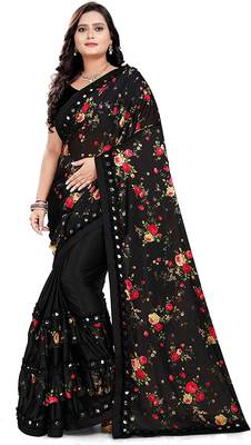 Floral Print pallu with Ton to ton Lycra malai fabric saree 1