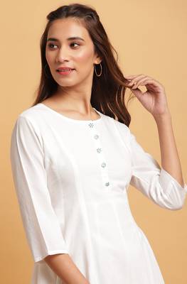 Janasya Off white plain cotton party wear kurtis 5