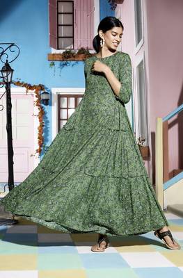 Janasya Green printed rayon long kurtis 1
