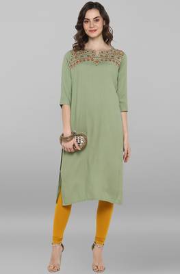 Janasya Light-green embroidered rayon ethnic-kurtis 1
