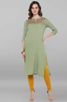 Janasya Light-green embroidered rayon ethnic-kurtis 2