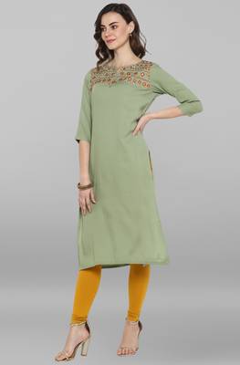 Janasya Light-green embroidered rayon ethnic-kurtis 3