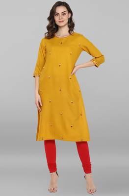 Janasya Mustard embroidered rayon ethnic kurtis 1