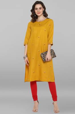 Janasya Mustard embroidered rayon ethnic kurtis 2