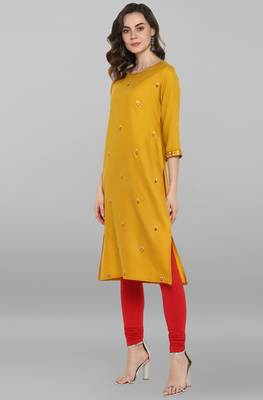Janasya Mustard embroidered rayon ethnic kurtis 3