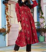 Janasya Maroon printed rayon ethnic kurtis