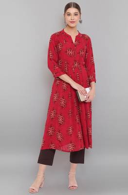 Janasya Maroon printed rayon ethnic kurtis 2