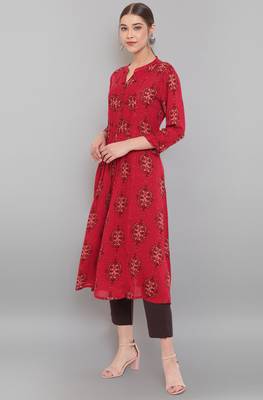 Janasya Maroon printed rayon ethnic kurtis 3