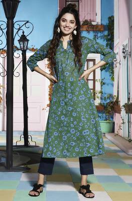 Janasya Green printed cotton ethnic kurtis 1