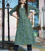 Janasya Green printed cotton ethnic kurtis