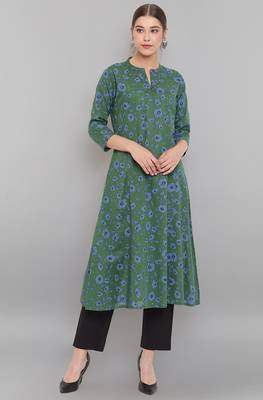 Janasya Green printed cotton ethnic kurtis 2