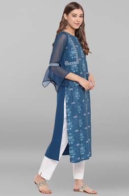 Teal printed crepe ethnic kurtis 3
