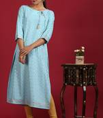 Janasya Turquoise printed crepe ethnic-kurtis