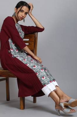 Janasya Wine printed crepe ethnic-kurtis 1