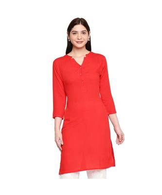 Red Self Designed 3/4th Sleeves Rayon Straight Short Kurti 1