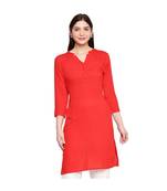 Red Self Designed 3/4th Sleeves Rayon Straight Short Kurti