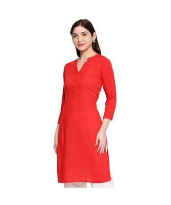 Red Self Designed 3/4th Sleeves Rayon Straight Short Kurti 3