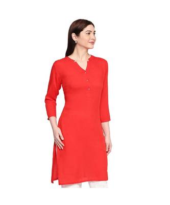 Red Self Designed 3/4th Sleeves Rayon Straight Short Kurti 4
