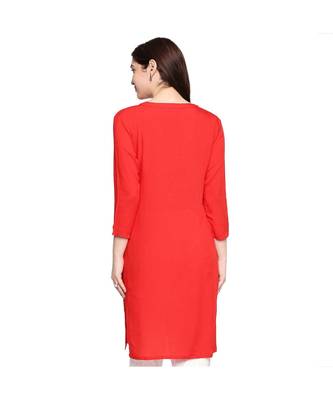 Red Self Designed 3/4th Sleeves Rayon Straight Short Kurti 5