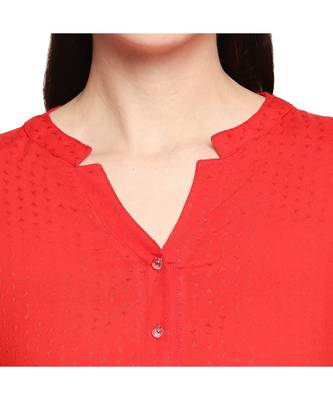Red Self Designed 3/4th Sleeves Rayon Straight Short Kurti 6