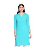 Blue Self Designed 3/4th Sleeves Rayon Straight Short Kurti