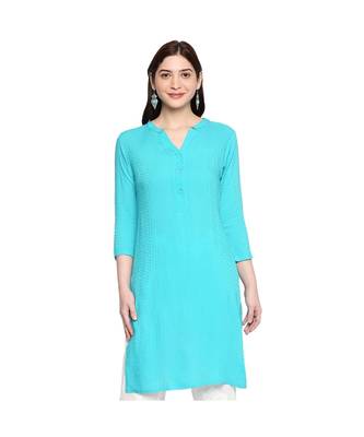 Blue Self Designed 3/4th Sleeves Rayon Straight Short Kurti 2