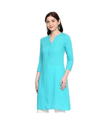 Blue Self Designed 3/4th Sleeves Rayon Straight Short Kurti 3