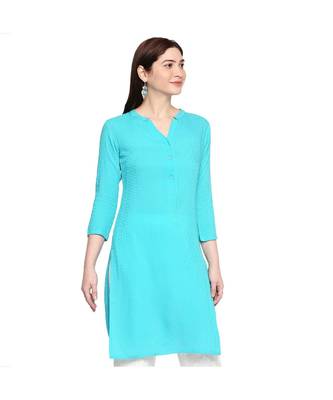 Blue Self Designed 3/4th Sleeves Rayon Straight Short Kurti 4