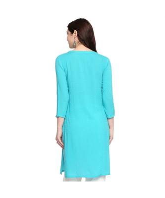 Blue Self Designed 3/4th Sleeves Rayon Straight Short Kurti 5