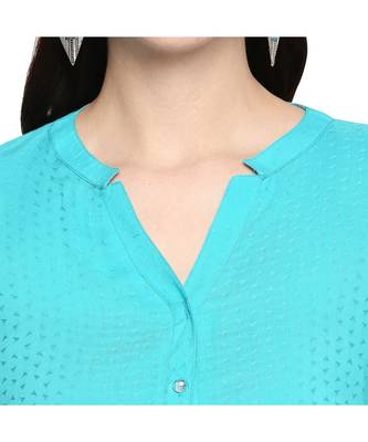 Blue Self Designed 3/4th Sleeves Rayon Straight Short Kurti 6