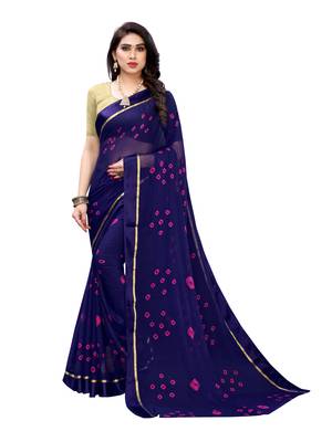 Dark blue printed chiffon saree with blouse 1