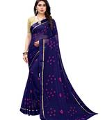 Dark blue printed chiffon saree with blouse