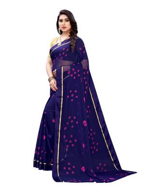Dark blue printed chiffon saree with blouse 2