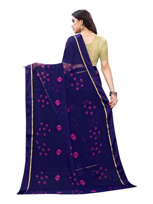 Dark blue printed chiffon saree with blouse 3