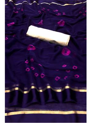 Dark blue printed chiffon saree with blouse 5