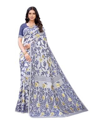White woven poly cotton saree with blouse 1