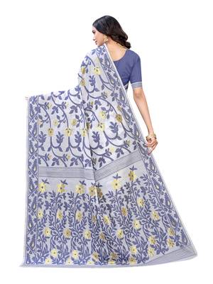 White woven poly cotton saree with blouse 3