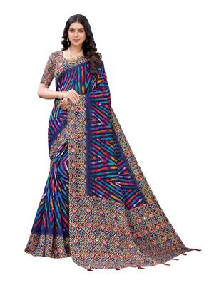 Navy blue printed jute saree with blouse 1