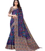 Navy blue printed jute saree with blouse