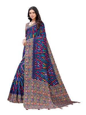Navy blue printed jute saree with blouse 2