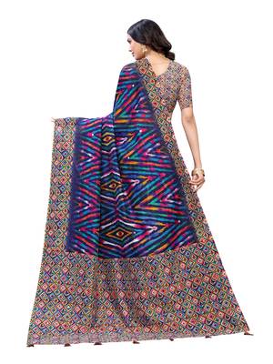 Navy blue printed jute saree with blouse 3