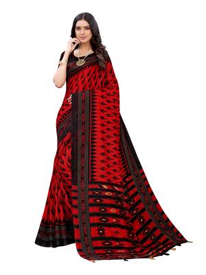 Red printed jute saree with blouse 1
