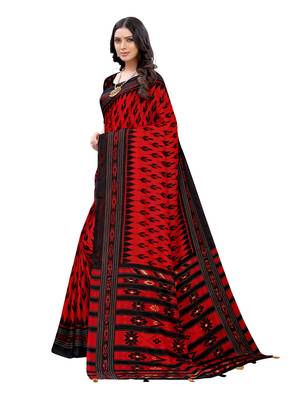 Red printed jute saree with blouse 2