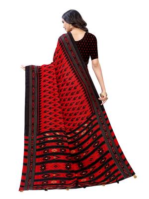 Red printed jute saree with blouse 3