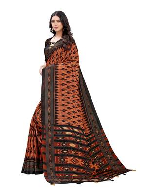 Brown printed jute saree with blouse 2