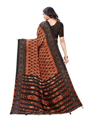 Brown printed jute saree with blouse 3