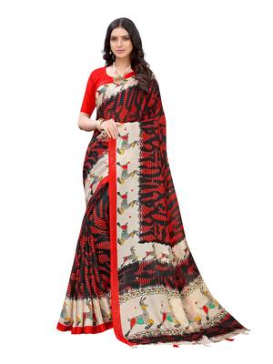 Red printed jute saree with blouse 1